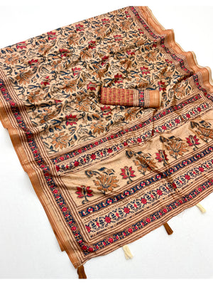 Peachmode Beige Kalamkari Floral Printed Art Silk Saree - Image 2