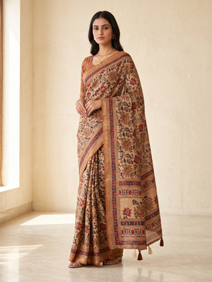 Peachmode Beige Kalamkari Floral Printed Art Silk Saree - Image 1