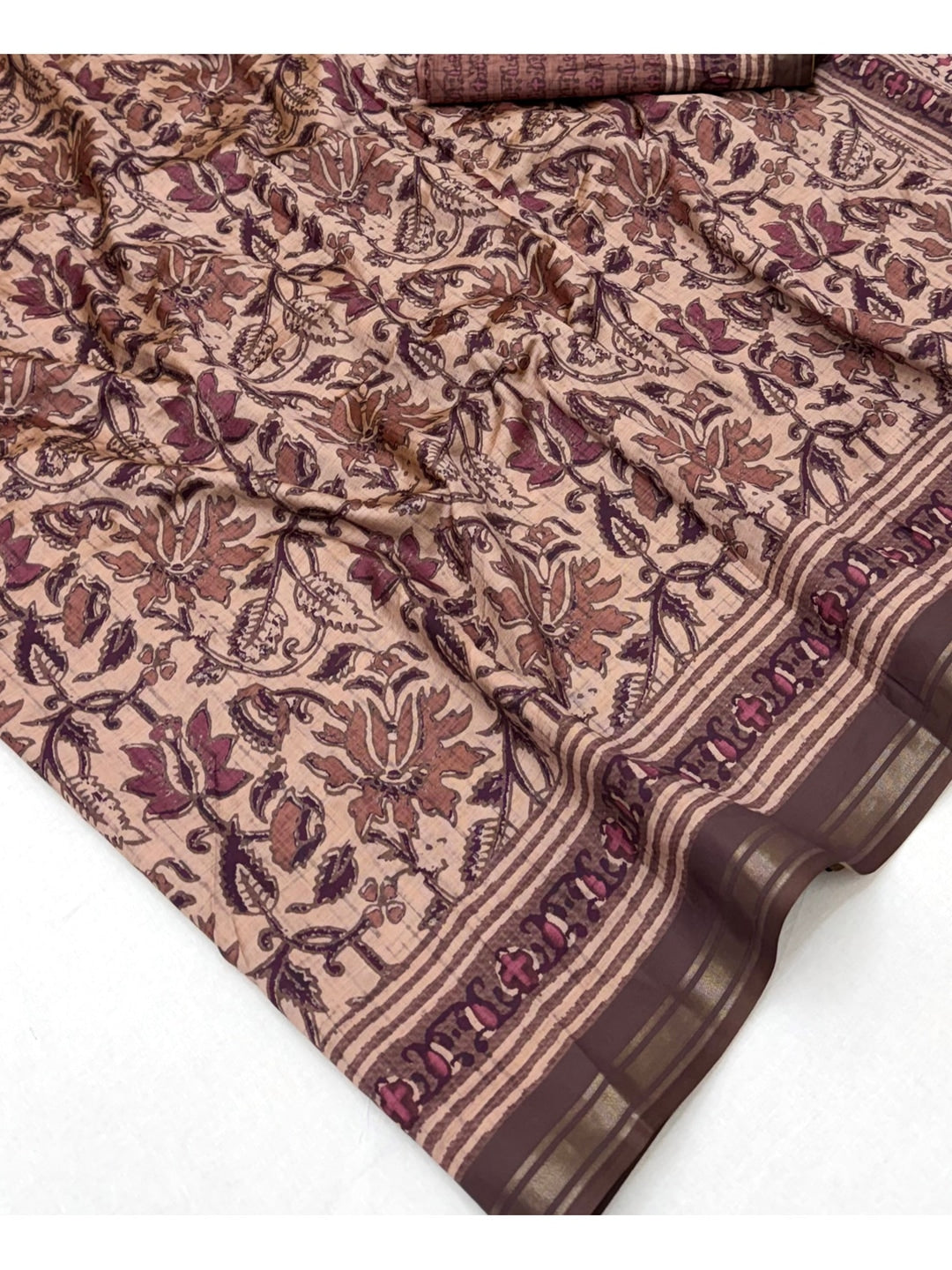 Peachmode Mauve Kalamkari Floral Printed Art Silk Saree - Image 5