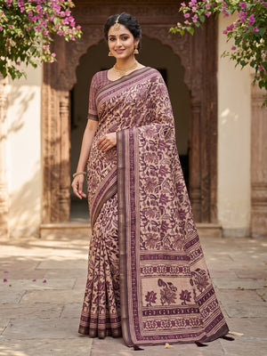 Peachmode Mauve Kalamkari Floral Printed Art Silk Saree - Image 1