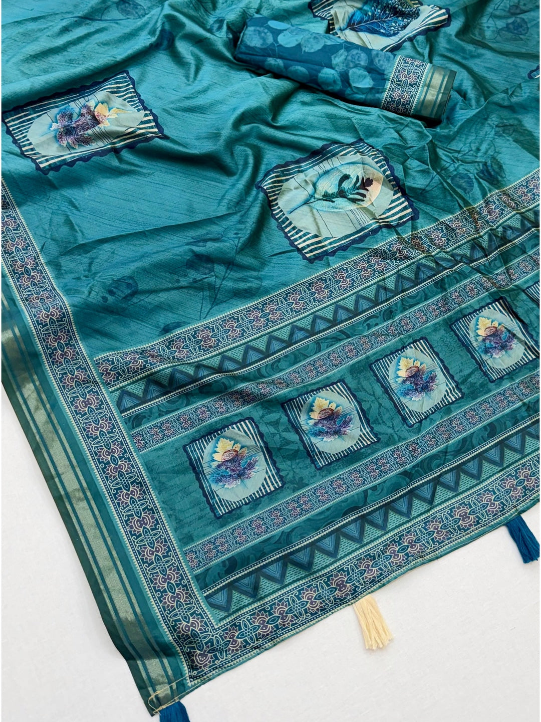 Peachmode Teal Framed Floral Printed Art Silk Saree - Image 4