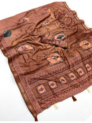 Peachmode Brown Framed Floral Printed Art Silk Saree - Image 2