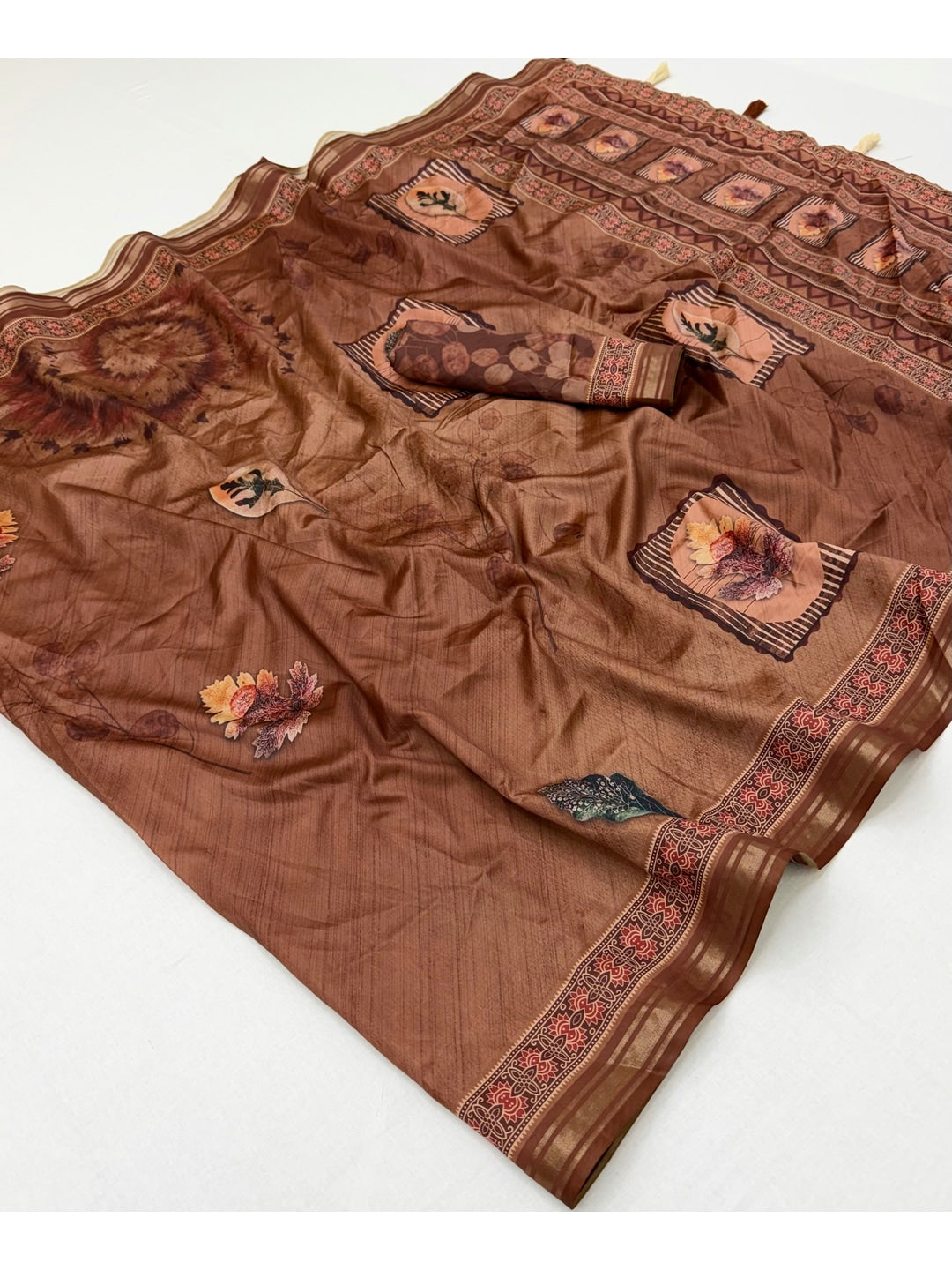 Peachmode Brown Framed Floral Printed Art Silk Saree - Image 3