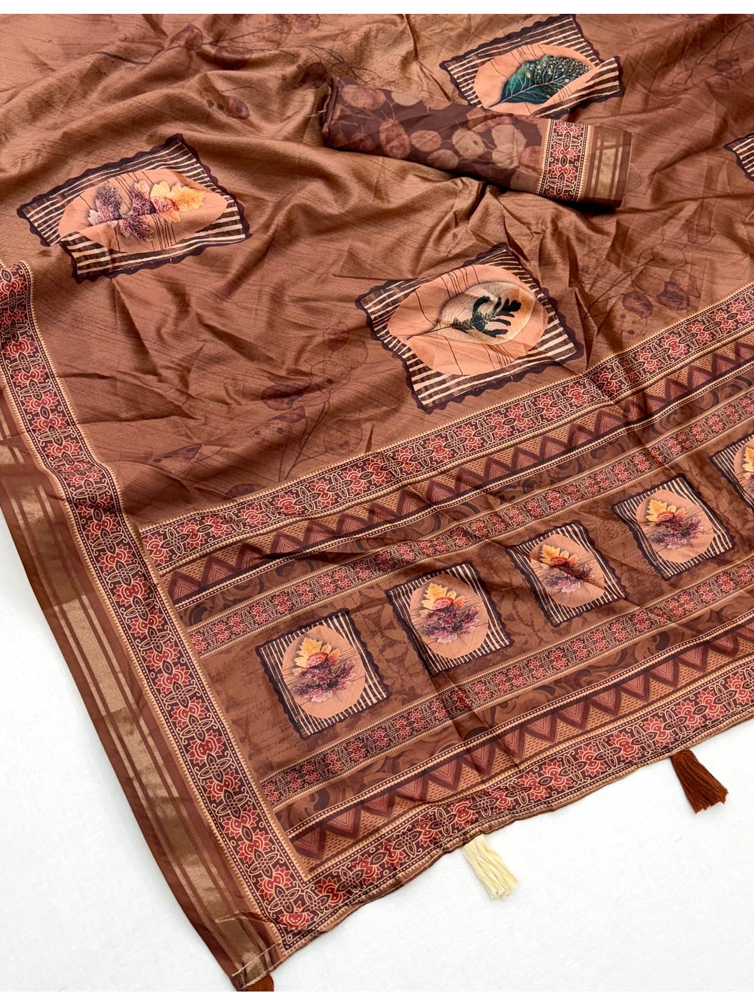 Peachmode Brown Framed Floral Printed Art Silk Saree - Image 4