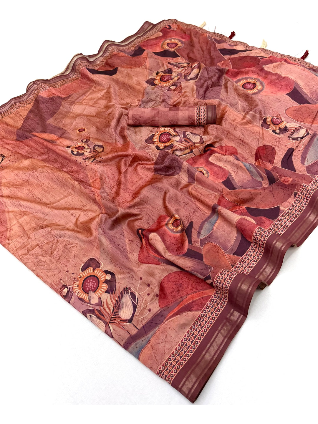 Peachmode Peach Abstract Floral Printed Art Silk Saree - Image 3