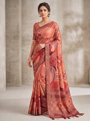 Peachmode Peach Abstract Floral Printed Art Silk Saree - Image 1