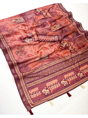 Peachmode Pink Patchwork Paisley Printed Art Silk Saree - Image 2