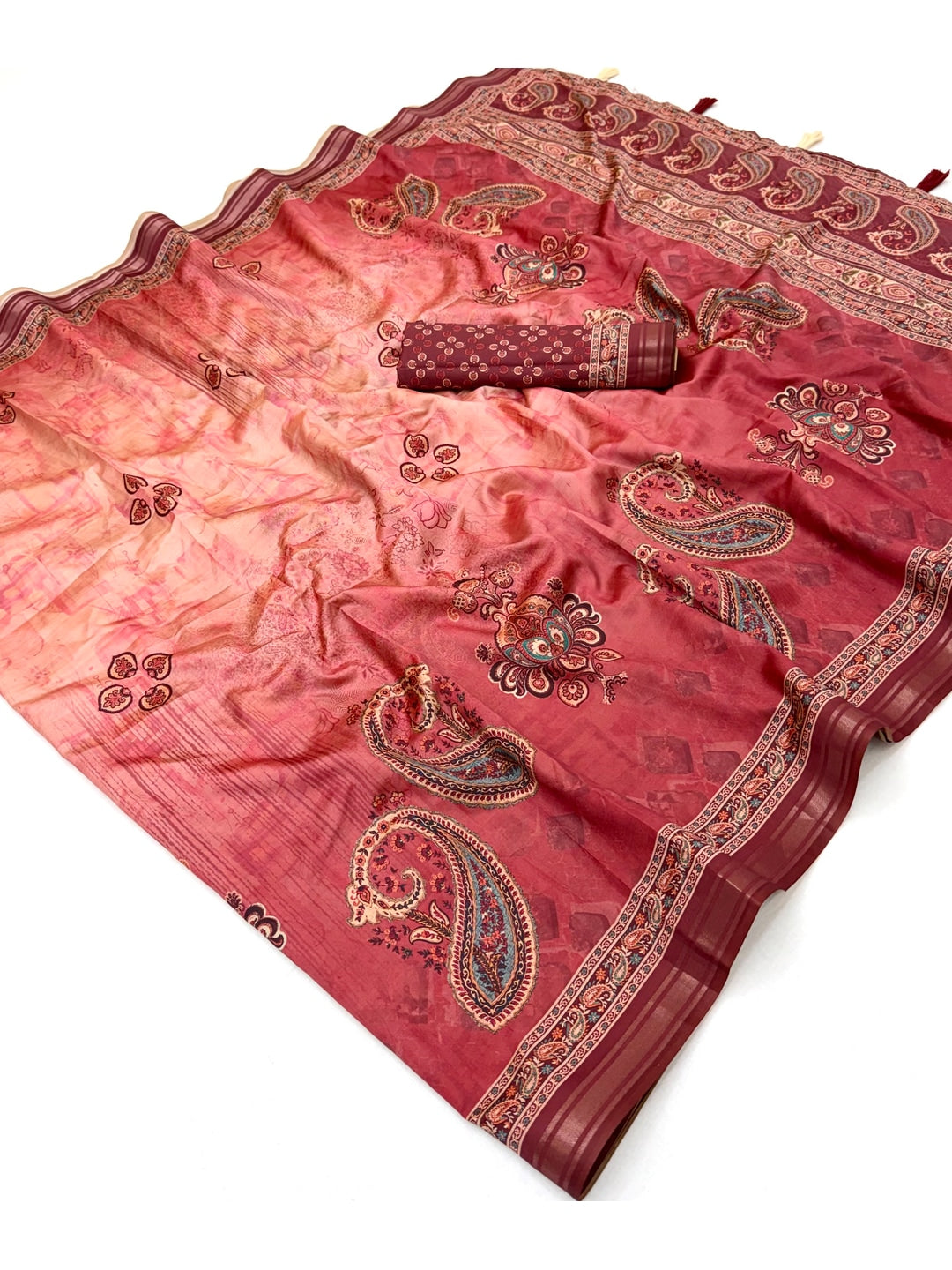 Peachmode Red Paisley Floral Printed Art Silk Saree - Image 3