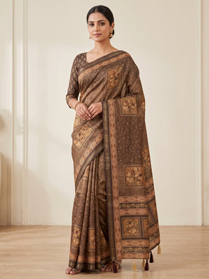 Peachmode Brown Framed Floral Printed Art Silk Saree - Image 1