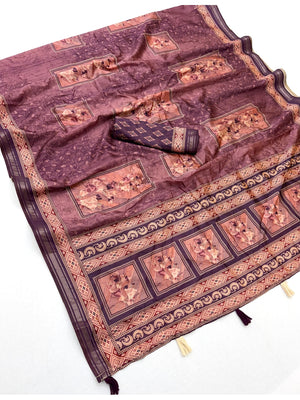Peachmode Purple Framed Floral Printed Art Silk Saree - Image 2