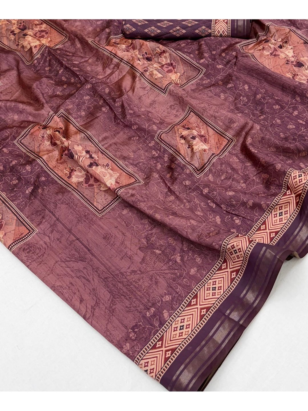 Peachmode Purple Framed Floral Printed Art Silk Saree - Image 5