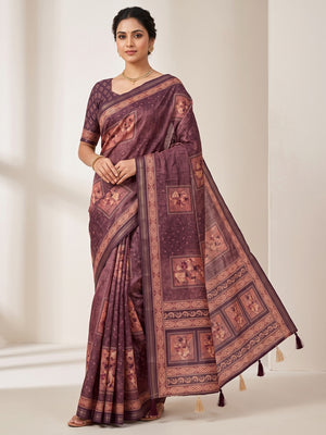 Peachmode Purple Framed Floral Printed Art Silk Saree - Image 1