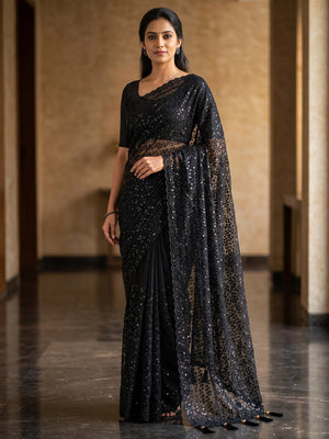 Peachmode Black Sequin Thread Work Net Saree - Image 1