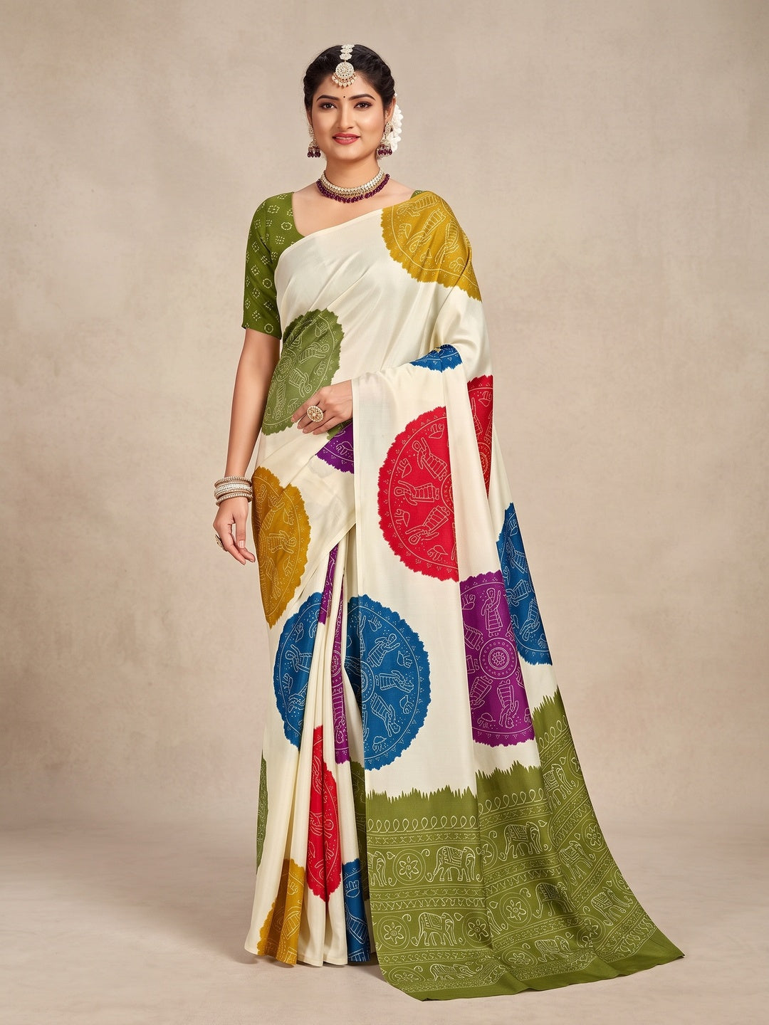 Peachmode Olive Pallu Multicolor Folk Print Silk Saree - Image 1