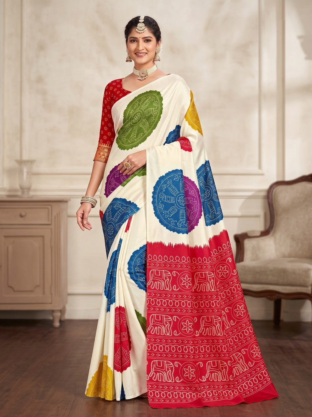 Peachmode Red Pallu Multicolor Folk Print Silk Saree - Image 1