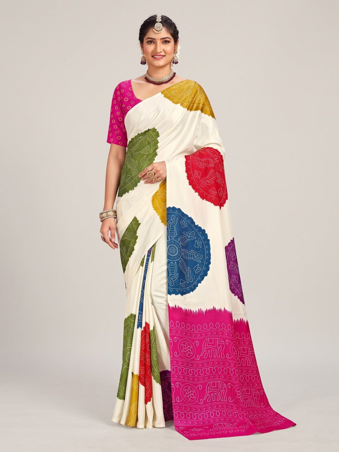 Peachmode Pink Pallu Multicolor Folk Print Silk Saree - Image 1
