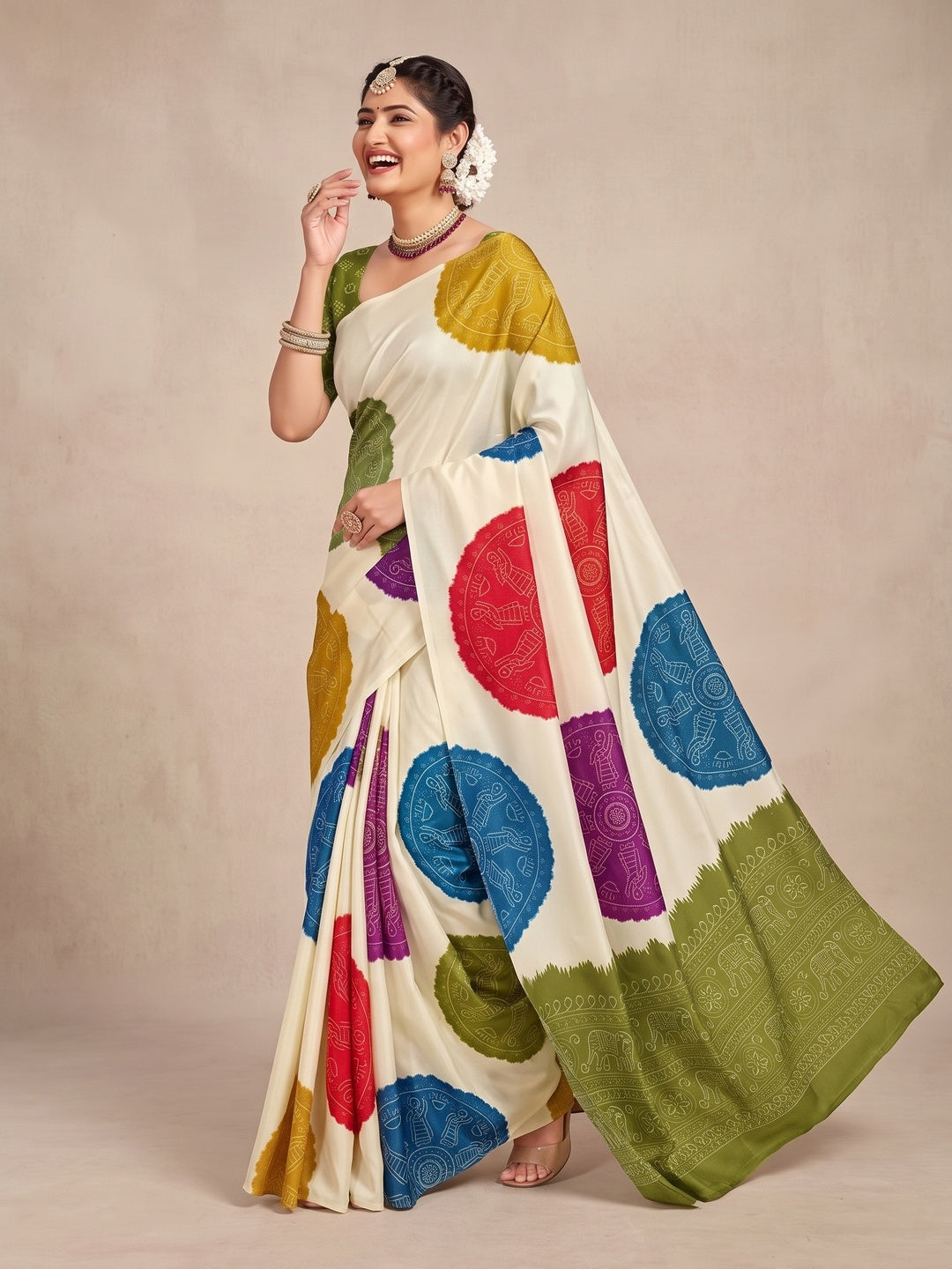 Peachmode Olive Pallu Multicolor Folk Print Silk Saree - Image 5