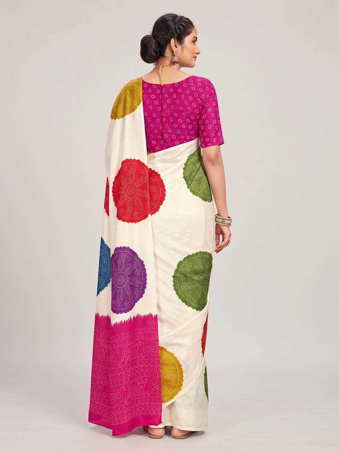 Peachmode Pink Pallu Multicolor Folk Print Silk Saree - Image 3
