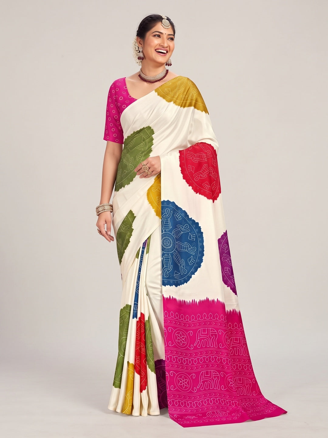 Peachmode Pink Pallu Multicolor Folk Print Silk Saree - Image 5