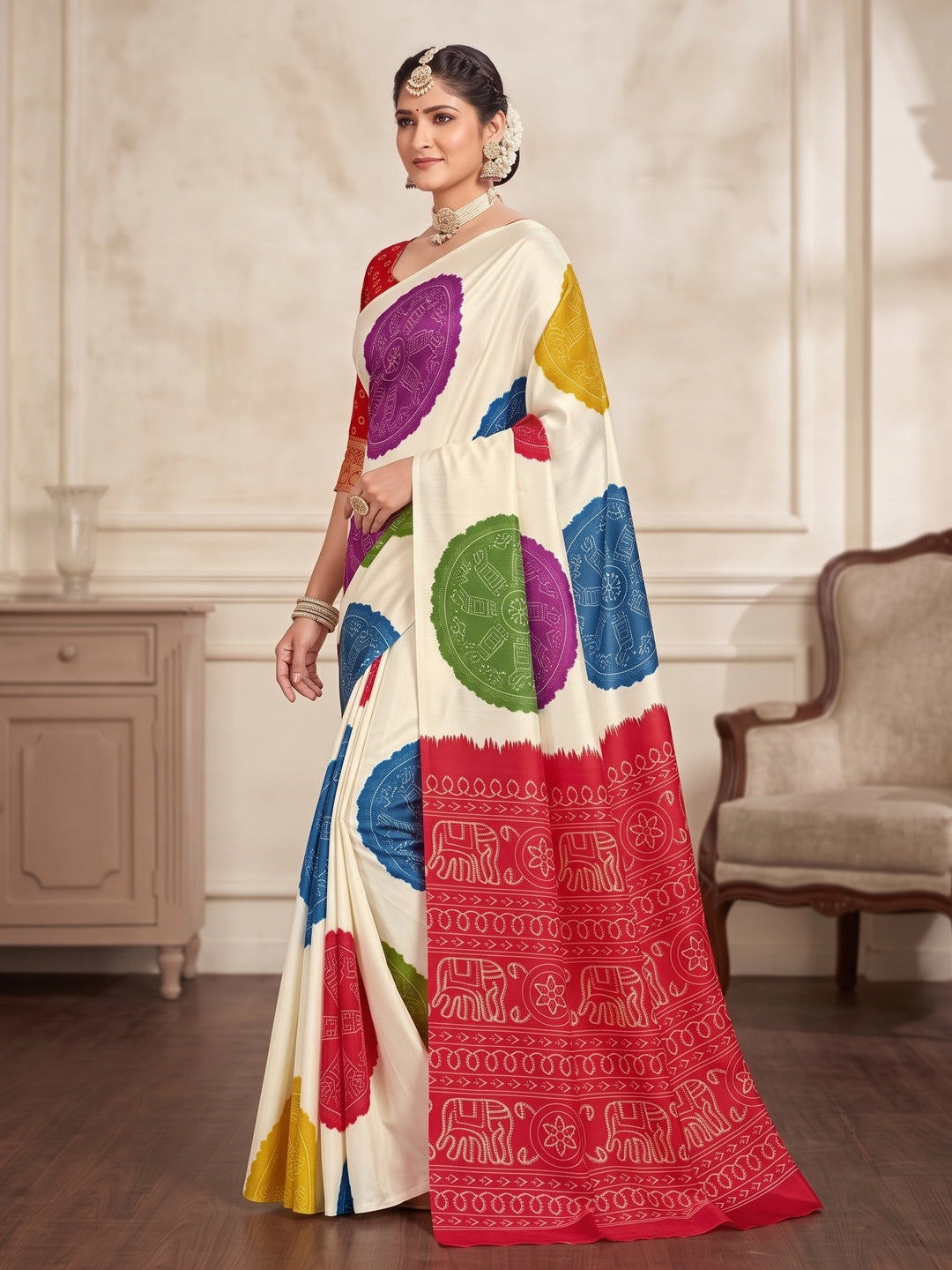 Peachmode Red Pallu Multicolor Folk Print Silk Saree - Image 4