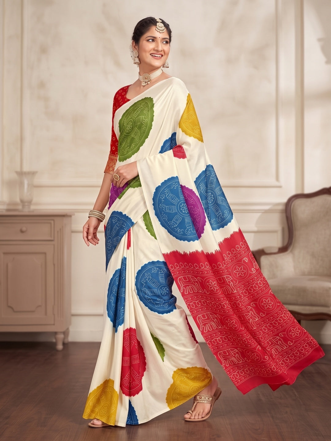 Peachmode Red Pallu Multicolor Folk Print Silk Saree - Image 5