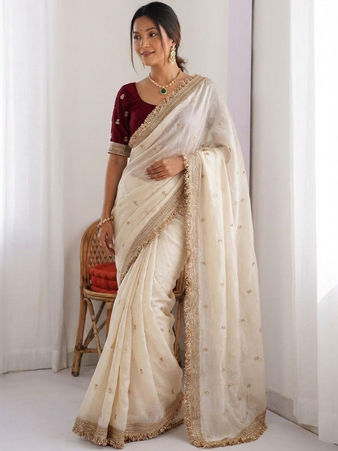 Peachmode Ivory Gold Buti Embellished Satin Saree - Image 2