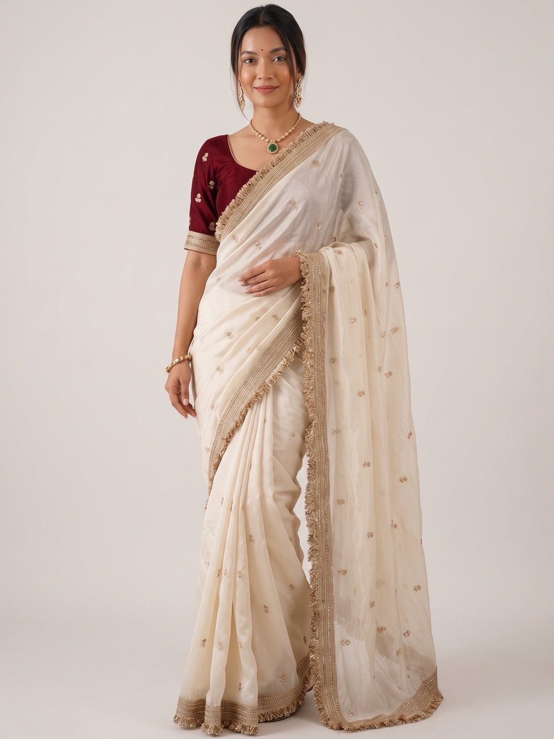 Peachmode Ivory Gold Buti Embellished Satin Saree - Image 1