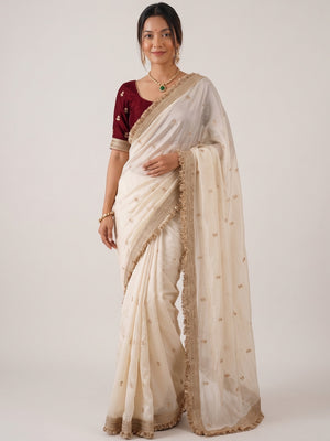 Peachmode Ivory Gold Buti Embellished Satin Saree - Image 1