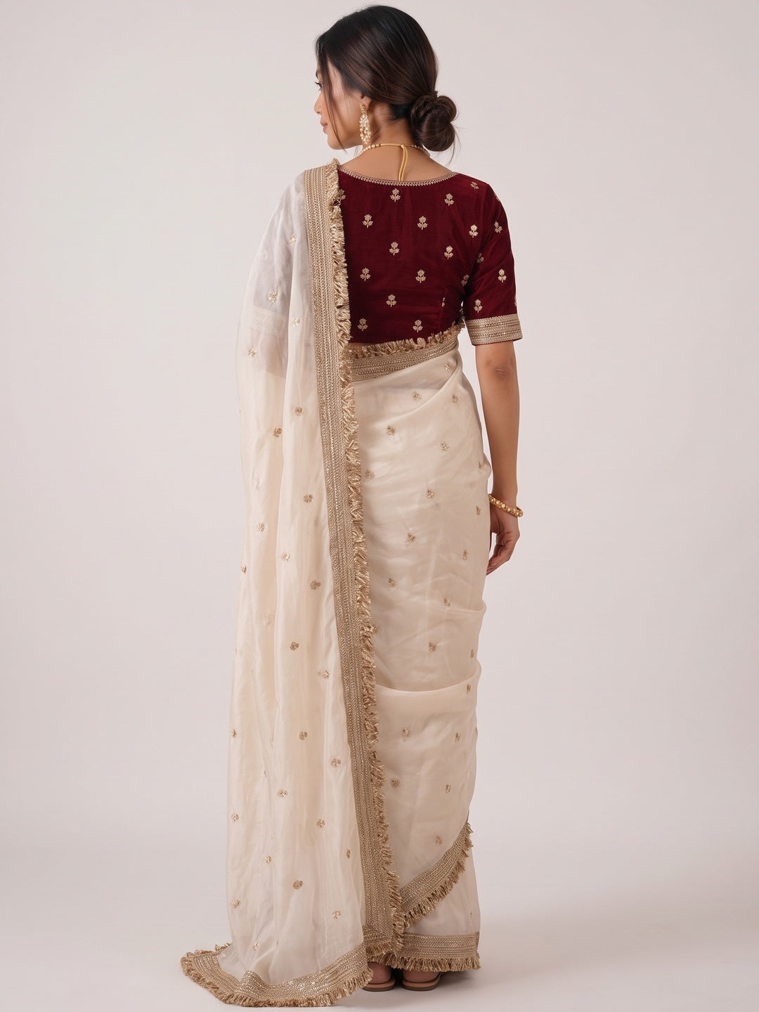 Peachmode Ivory Gold Buti Embellished Satin Saree - Image 3