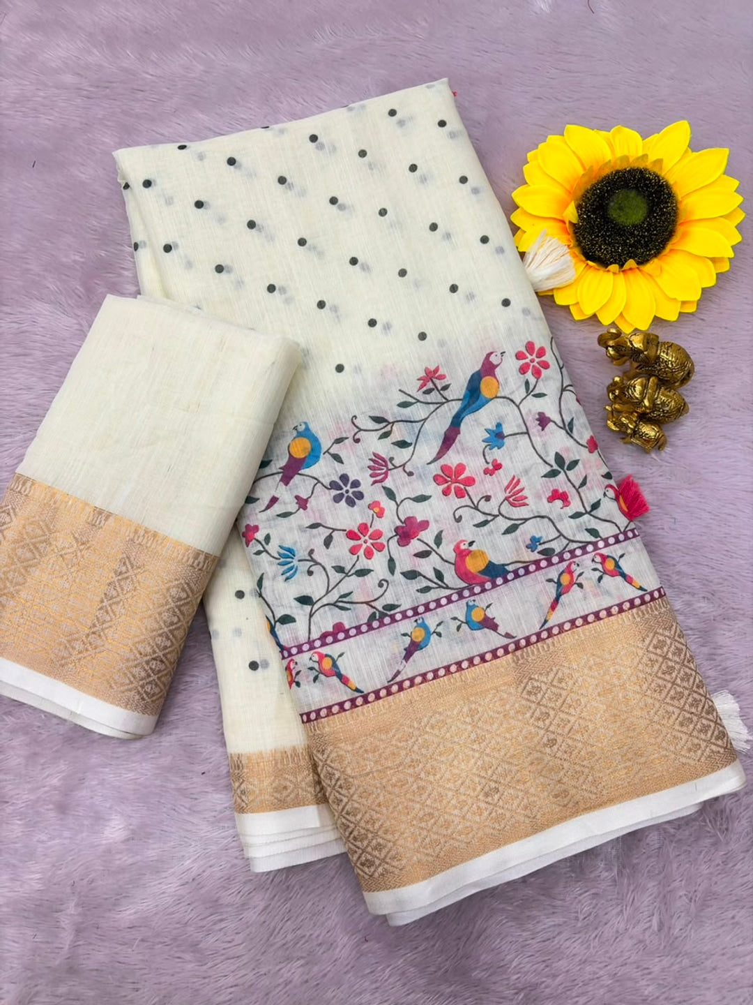 Peachmode White Kalamkari Print Linen Saree With Zari Patta - Image 3