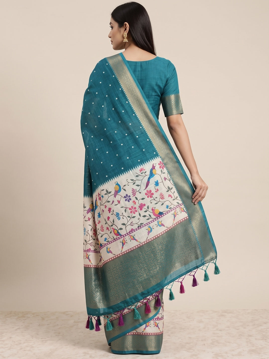Peachmode Teal Kalamkari Print Linen Saree With Zari Patta - Image 1