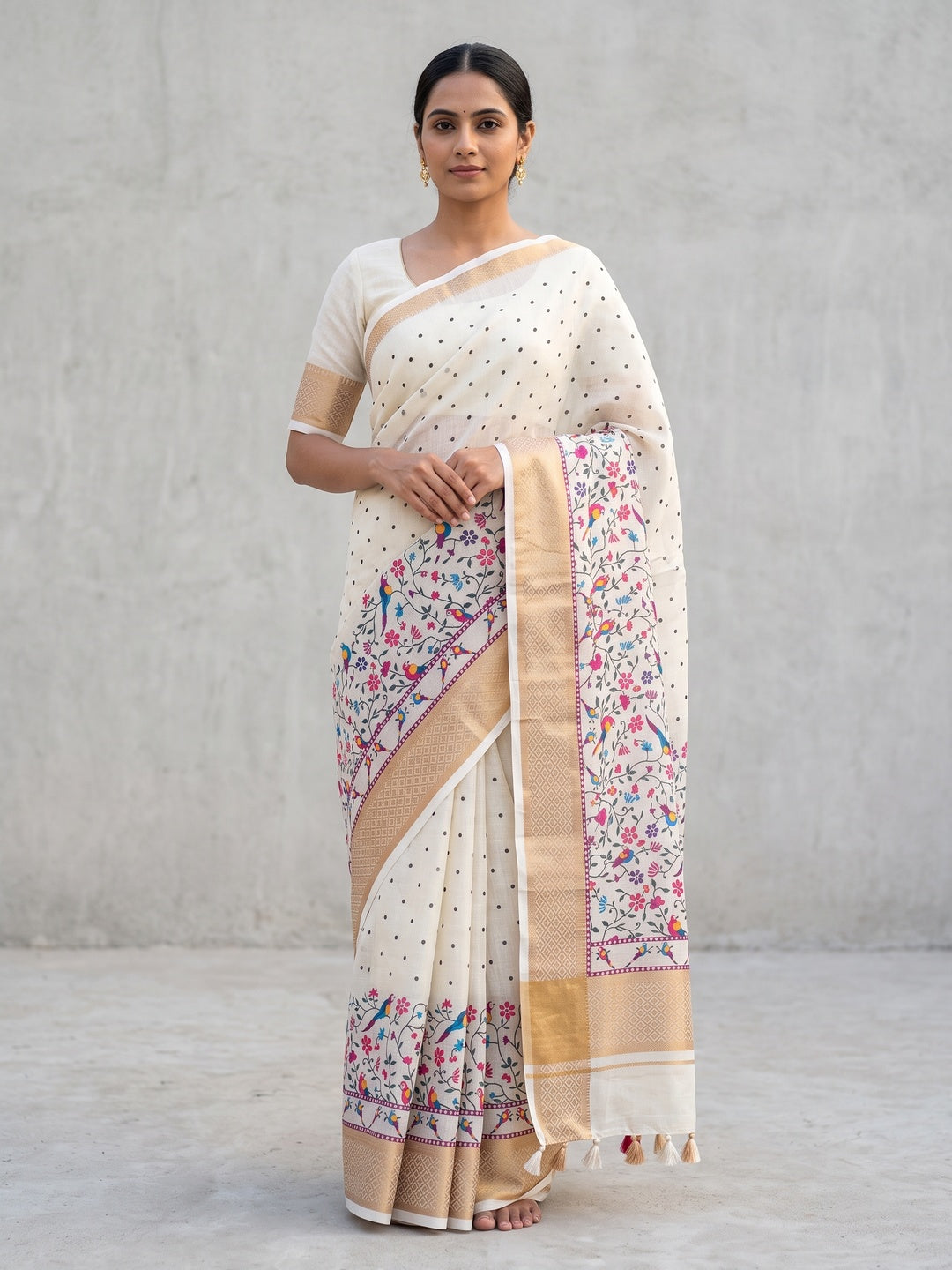 Peachmode White Kalamkari Print Linen Saree With Zari Patta - Image 1
