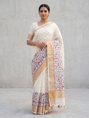 Peachmode White Kalamkari Print Linen Saree With Zari Patta - Image 1