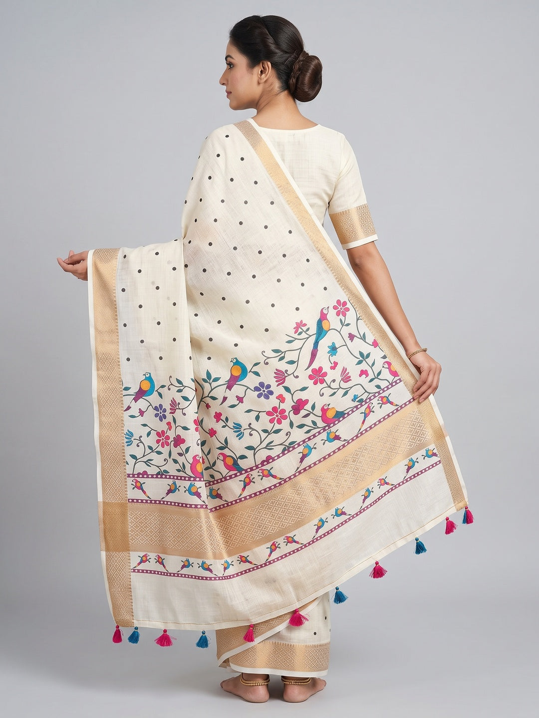 Peachmode White Kalamkari Print Linen Saree With Zari Patta - Image 5