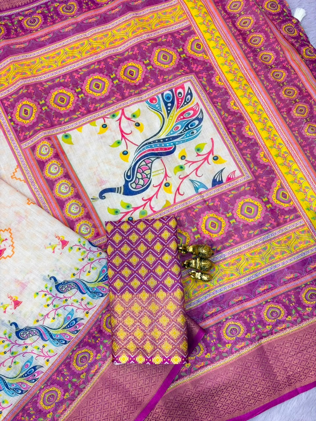 Peachmode Cream Wine Peacock Navratri Print Linen Saree - Image 4