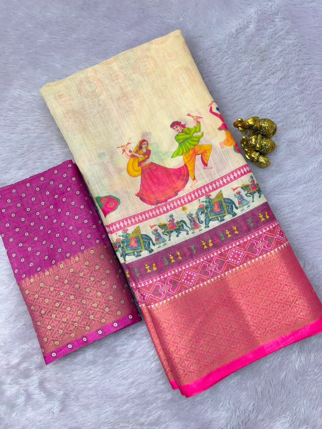 Peachmode Cream Folk Navratri Print Linen Saree With Zari Patta - Image 4