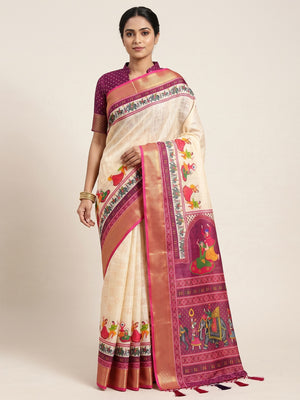 Peachmode Cream Folk Navratri Print Linen Saree With Zari Patta - Image 1