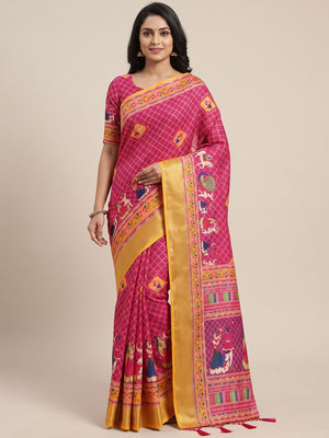 Peachmode Rani Pink Garba Navratri Print Linen Saree - Image 1