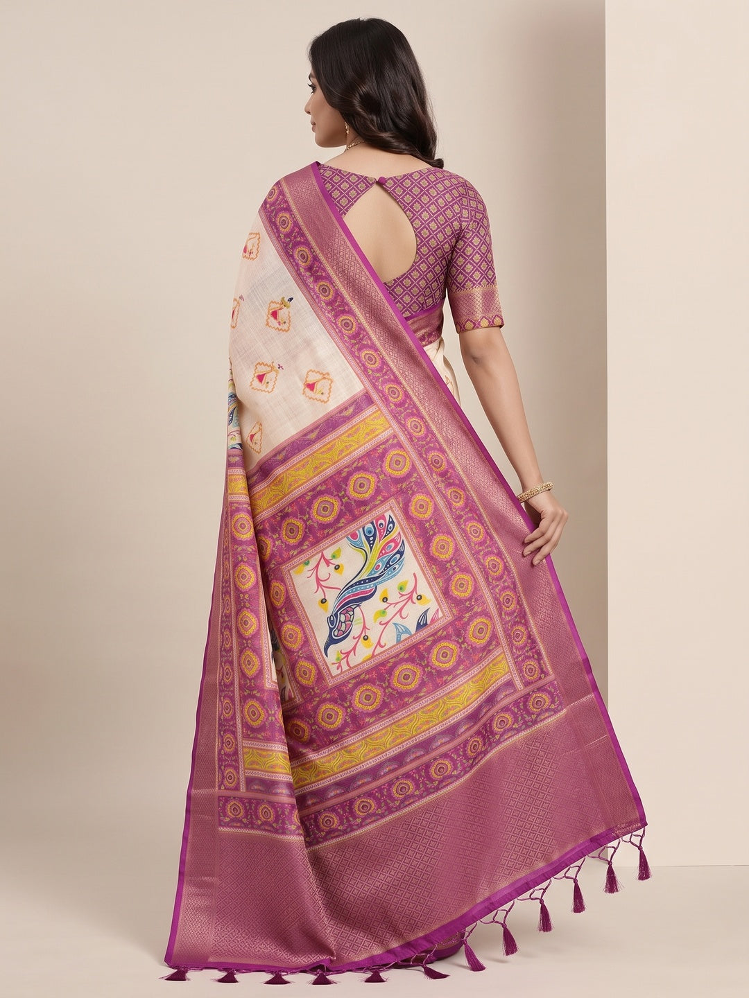 Peachmode Cream Wine Peacock Navratri Print Linen Saree - Image 5