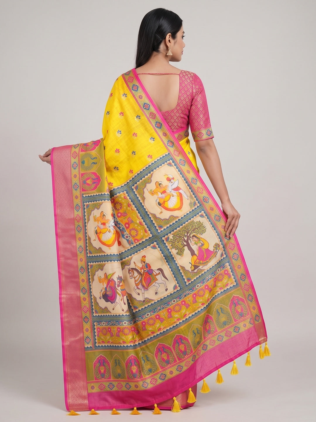 Peachmode Yellow Peacock Navratri Print Linen Saree - Image 5
