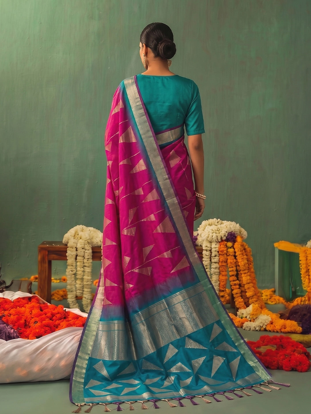 Peachmode Pink Silk Blend Woven Saree - Image 3