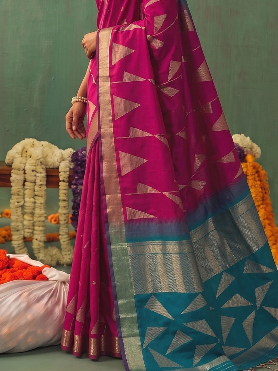 Peachmode Pink Silk Blend Woven Saree - Image 5