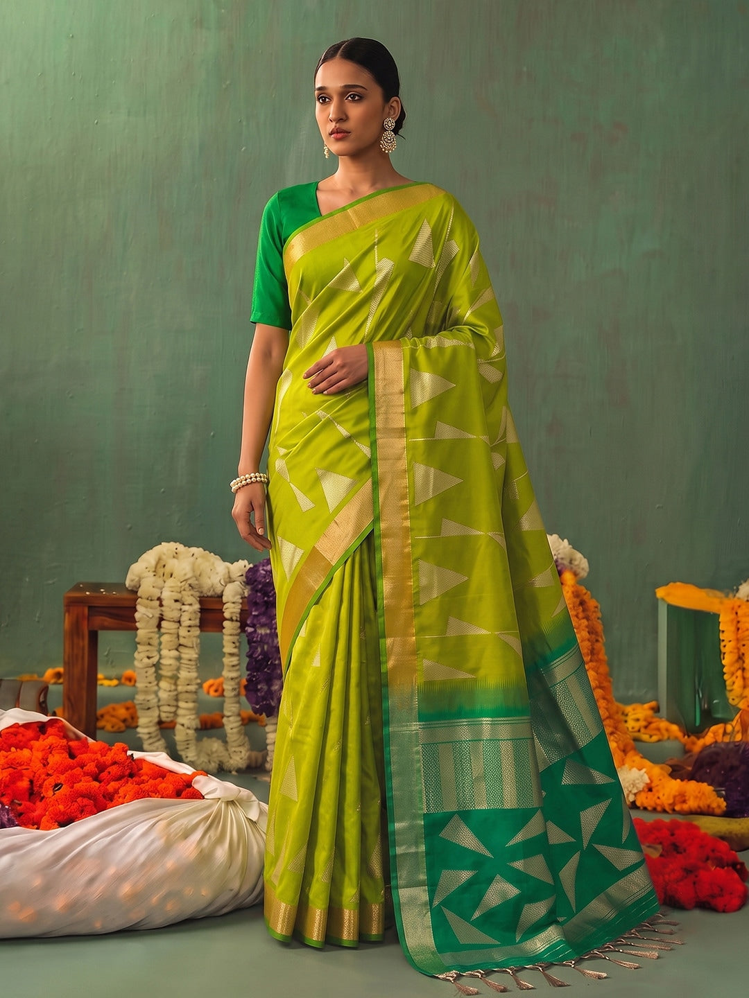 Peachmode Mustard Silk Blend Woven Saree - Image 1