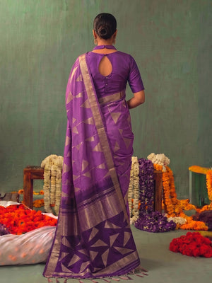 Peachmode Purple Silk Blend Woven Saree - Image 2