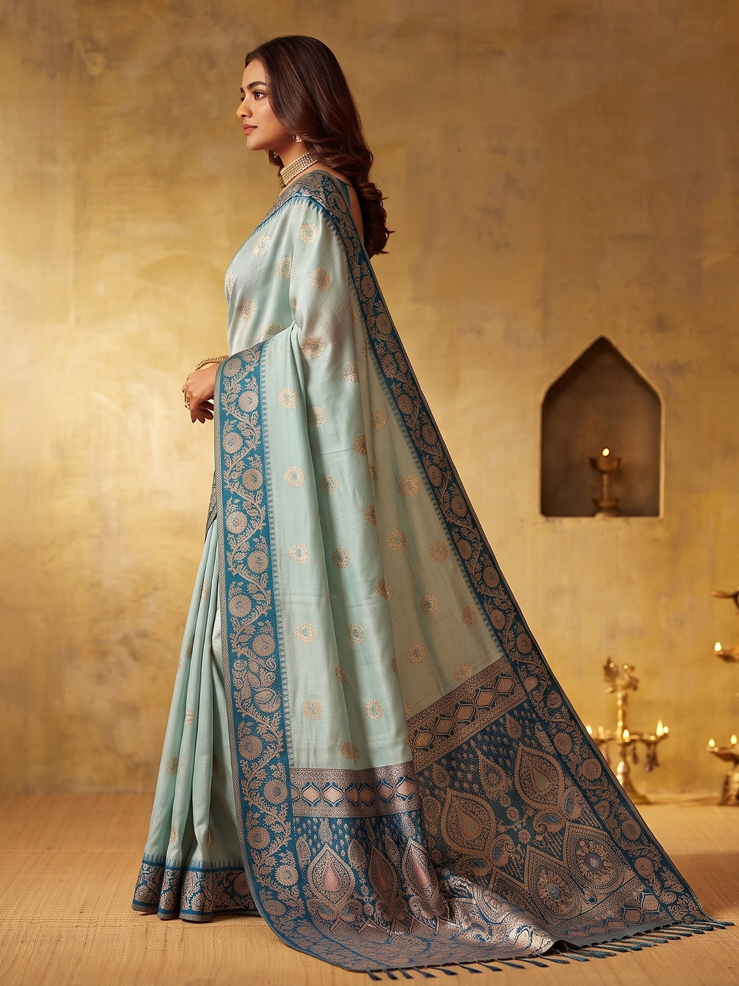 Peachmode Blue Silk Blend Woven Saree - Image 3