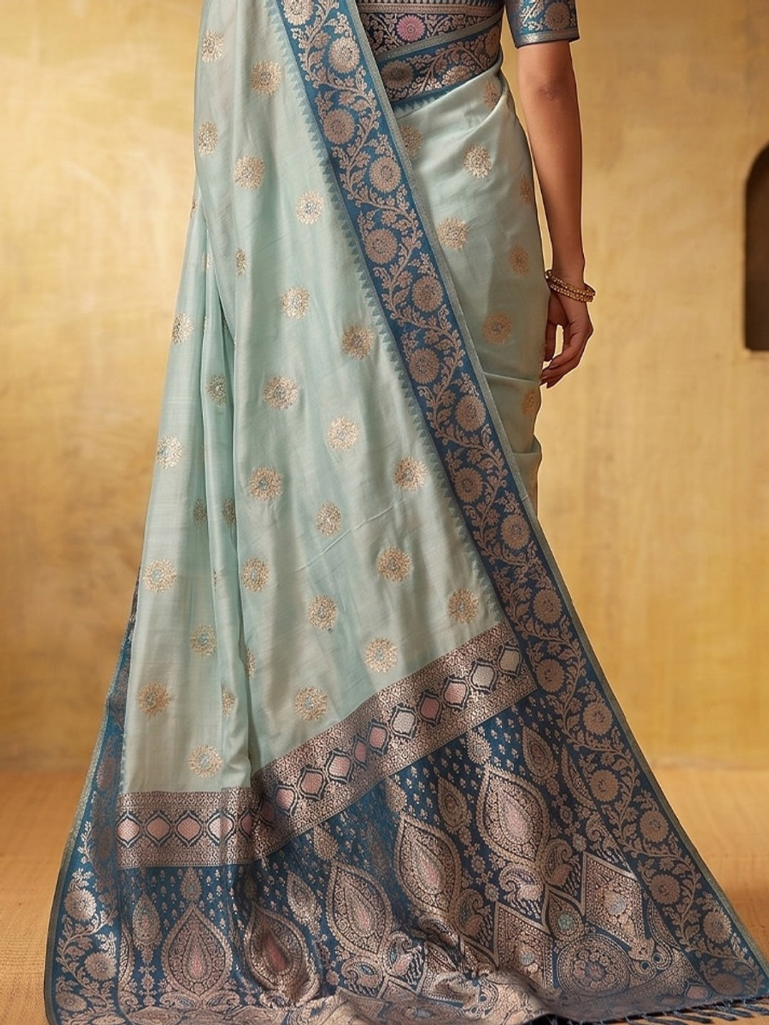 Peachmode Blue Silk Blend Woven Saree - Image 5