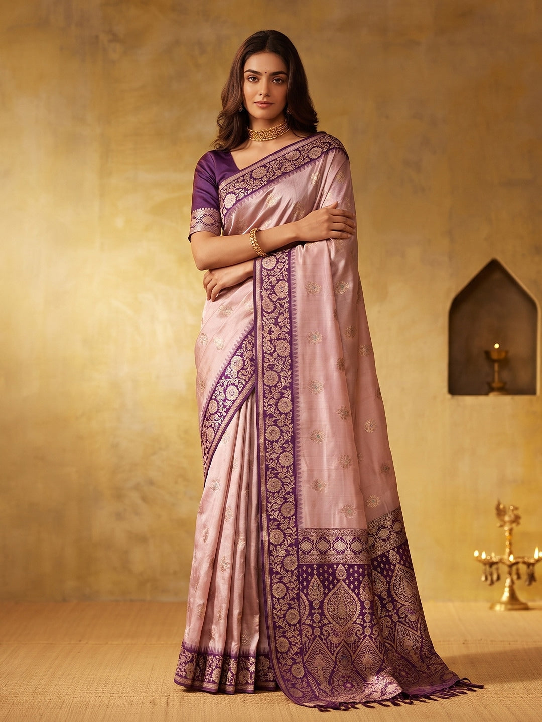 Peachmode Wine Silk Blend Woven Saree - Image 1