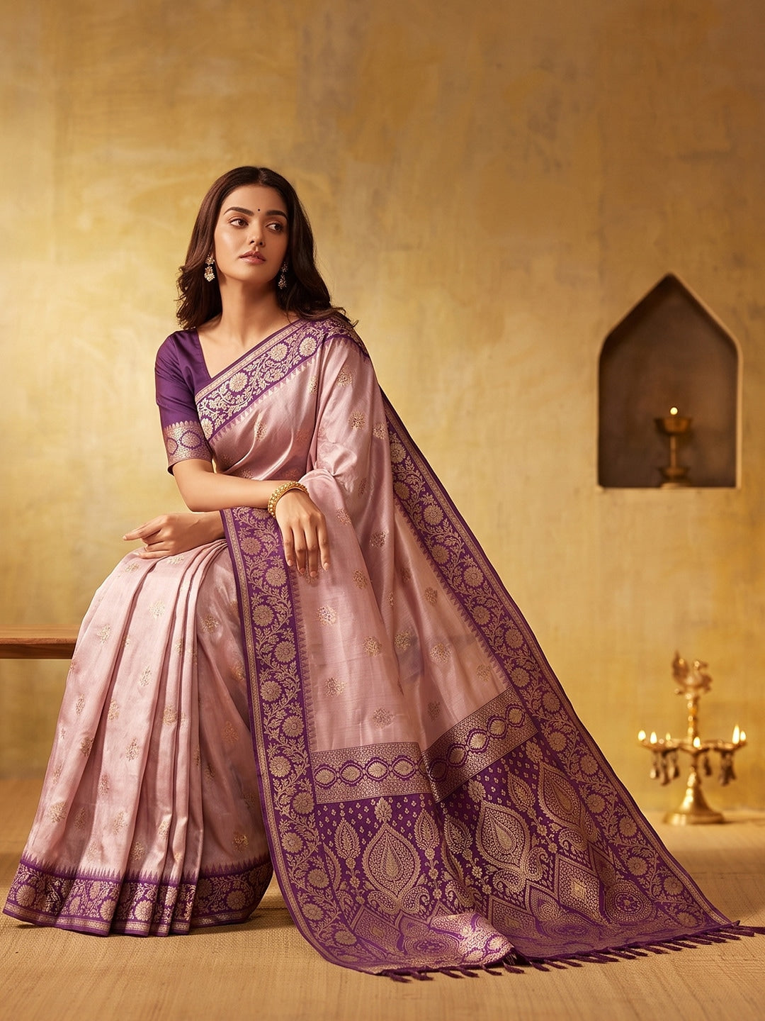 Peachmode Wine Silk Blend Woven Saree - Image 4