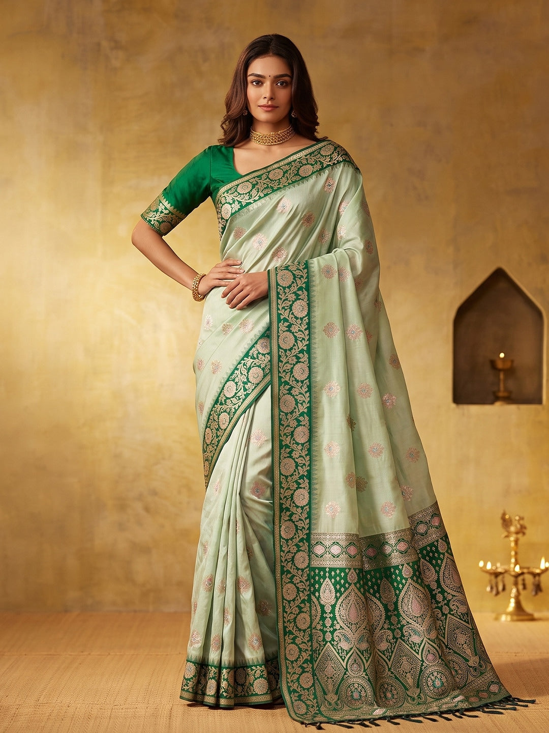 Peachmode Green Silk Blend Woven Saree - Image 1