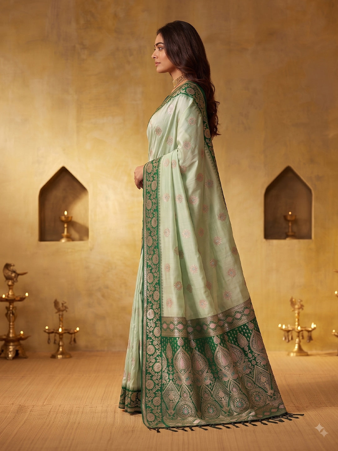 Peachmode Green Silk Blend Woven Saree - Image 2